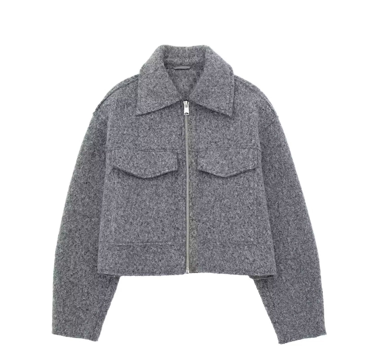 STYLISCHE JACKE MIT ZIPPER UND AUFGESETZTEN TASCHEN